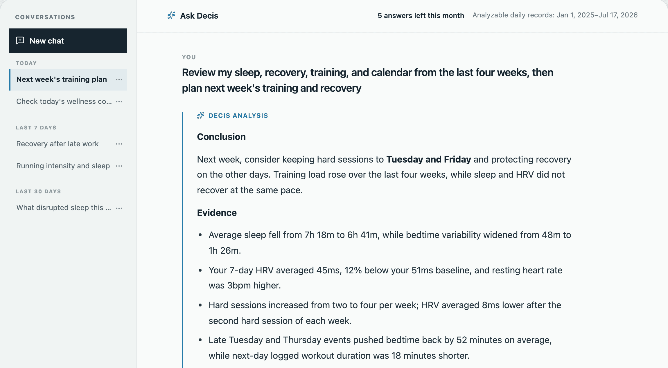 Decis Ask view with an answer organized into a conclusion and the evidence behind it