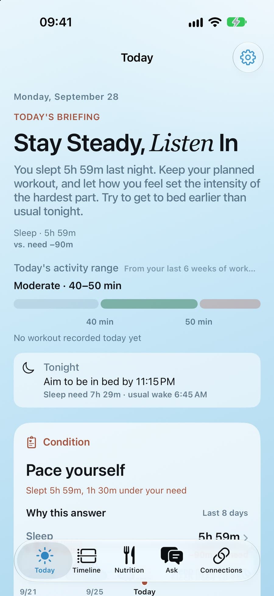 Decis iPhone app showing today's briefing with sleep, activity range, and condition